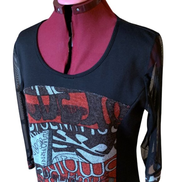 ARDOISE -  Black Red Abstract Tunic Top – Size Small - Picture 4 of 7